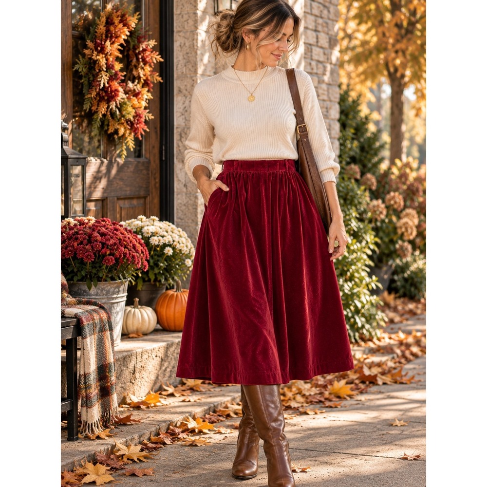 Vintage Shopping International Burgundy Cotton Velour Midi Skirt XL 80s